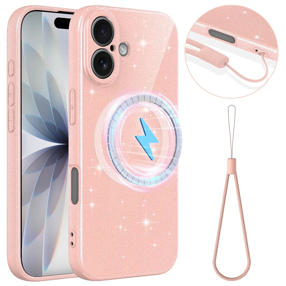 For iPhone 16 Plus Magnetic Case Glitter TPU Shockproof Phone Cover with Lanyard Compatible with MagSafe - Pink - 1