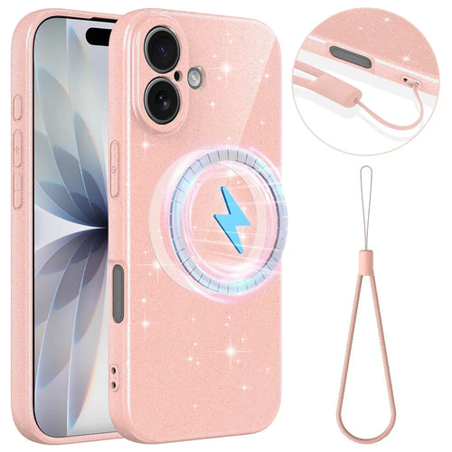 For iPhone 16 Plus Magnetic Case Glitter TPU Shockproof Phone Cover with Lanyard Compatible with MagSafe - Pink - 1
