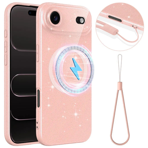 For iPhone Air Magnetic Case Glitter TPU Shockproof Phone Cover with Lanyard Compatible with MagSafe - Pink - 1