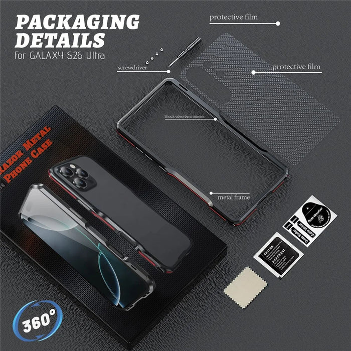 LUPHIE For Samsung Galaxy S26 Ultra Case Metal Bumper Frame Shockproof Phone Cover - Black  /  Red - 4