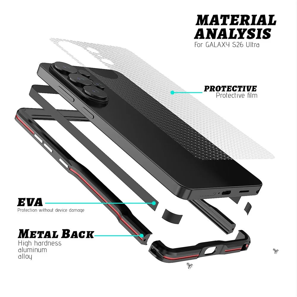 LUPHIE For Samsung Galaxy S26 Ultra Case Metal Bumper Frame Shockproof Phone Cover - Black  /  Red - 5