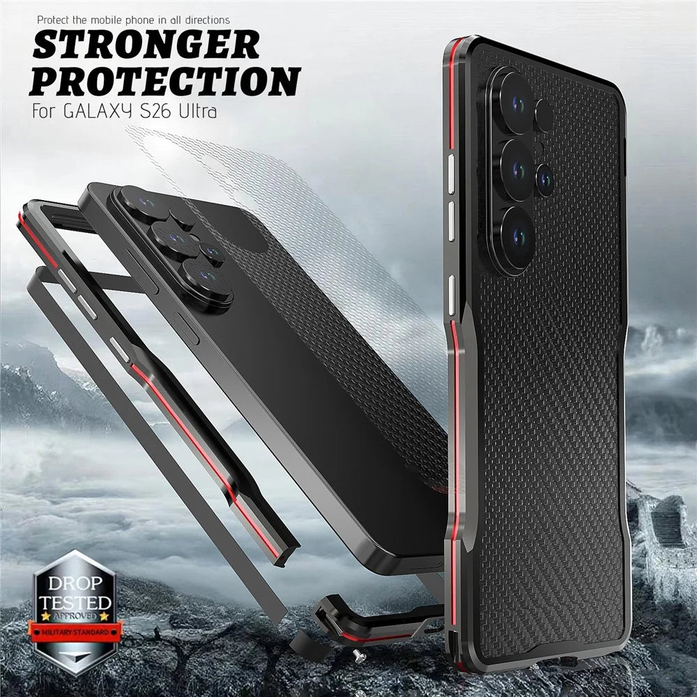 LUPHIE For Samsung Galaxy S26 Ultra Case Metal Bumper Frame Shockproof Phone Cover - Black  /  Red - 6