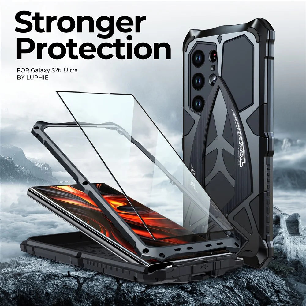 LUPHIE For Samsung Galaxy S26 Ultra Case Sports Car Design Shockproof Metal + TPU Phone Cover with Screen Protector - Black - 6