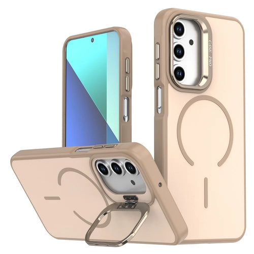 For Samsung Galaxy A14 4G  /  A14 5G Case Skin-touch PC + TPU Magnetic Phone Cover with Lens Frame Kickstand - Desert Gold - 1