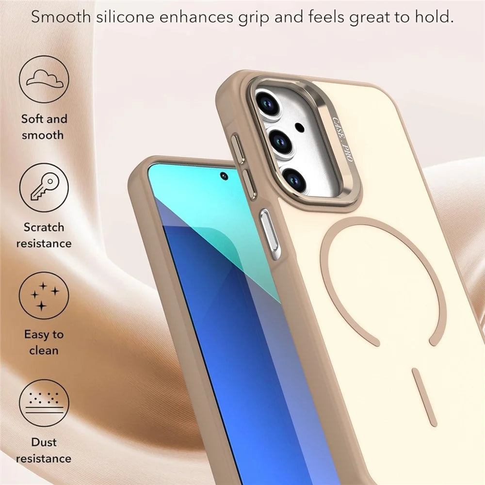 For Samsung Galaxy A14 4G  /  A14 5G Case Skin-touch PC + TPU Magnetic Phone Cover with Lens Frame Kickstand - Desert Gold - 2