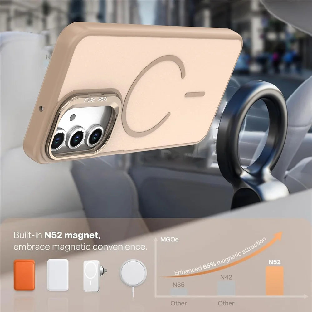 For Samsung Galaxy A14 4G  /  A14 5G Case Skin-touch PC + TPU Magnetic Phone Cover with Lens Frame Kickstand - Desert Gold - 4