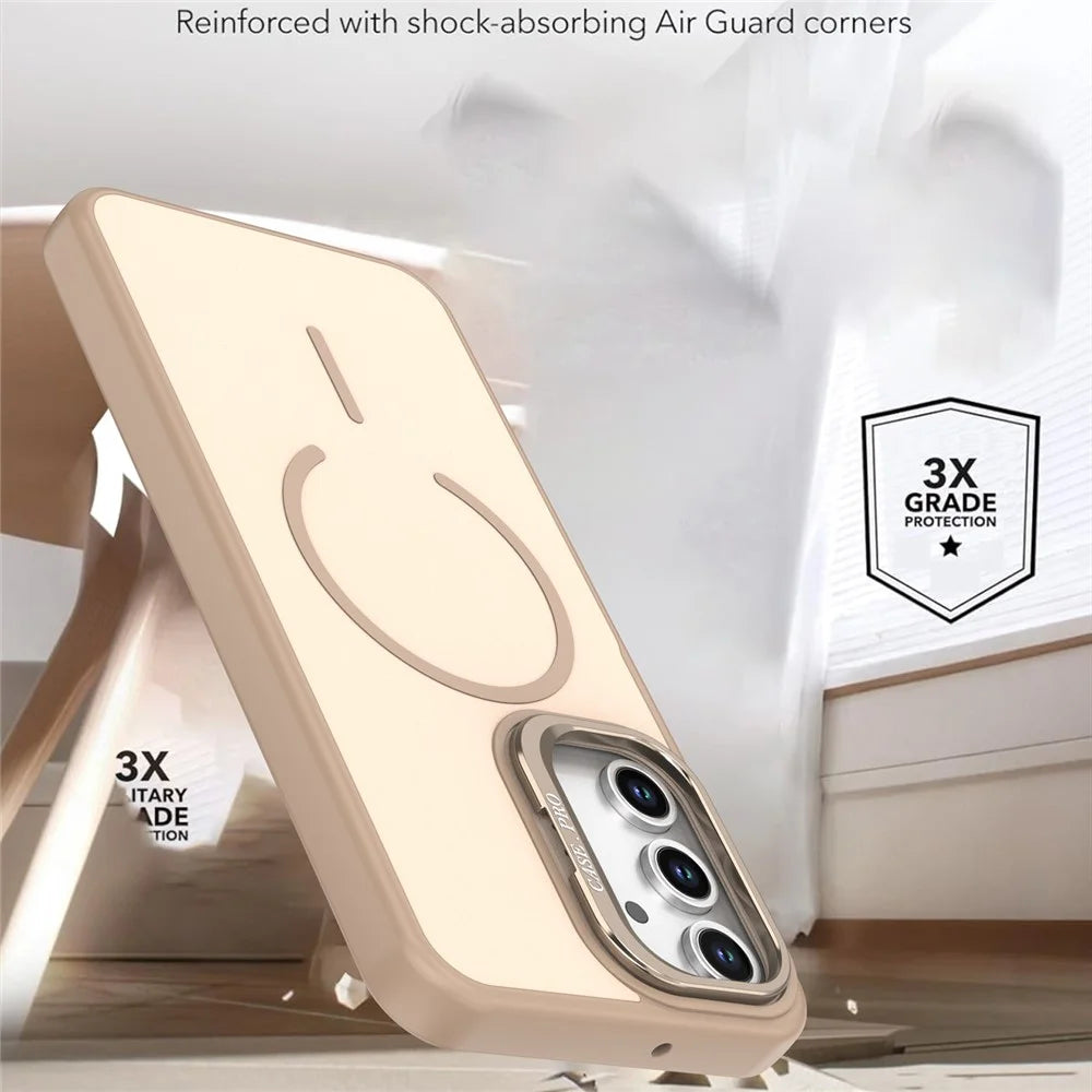 For Samsung Galaxy A14 4G  /  A14 5G Case Skin-touch PC + TPU Magnetic Phone Cover with Lens Frame Kickstand - Desert Gold - 7