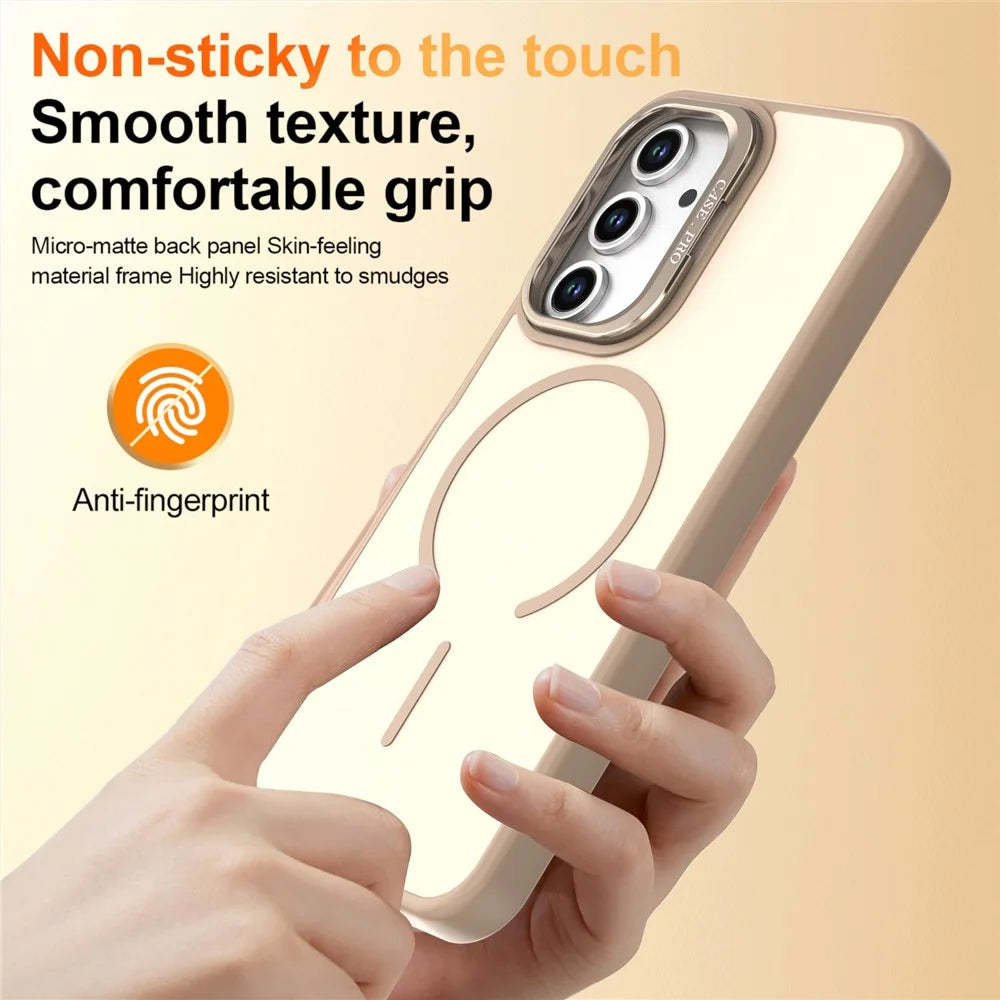 For Samsung Galaxy A05s 4G Case Skin-touch PC + TPU Magnetic Phone Cover with Lens Frame Kickstand - Desert Gold - 6