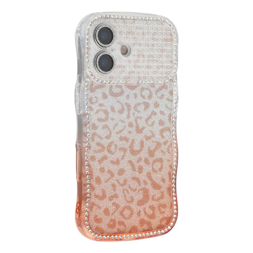 For iPhone 16 Case Rhinestone Decor Wave Frame TPU Phone Cover with Leopard Print Glitter Card  /  Lens Film - Gradient Brown - 1