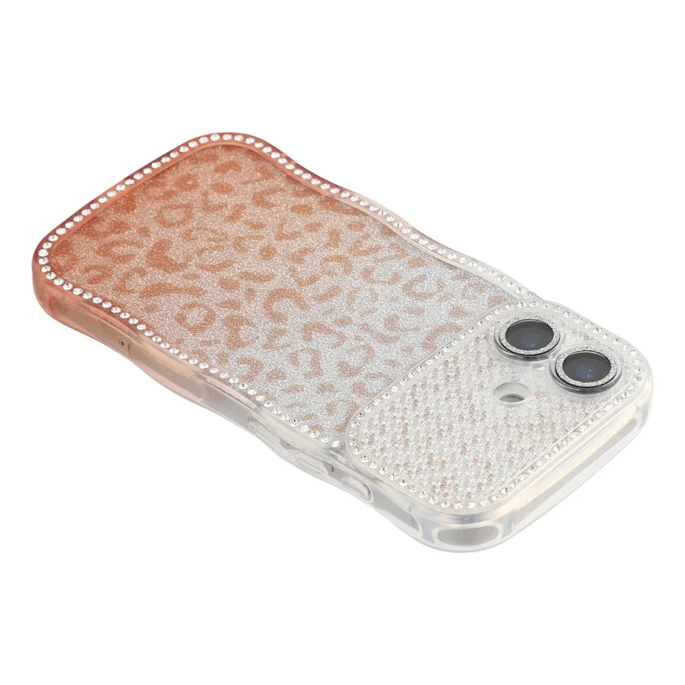 For iPhone 16 Case Rhinestone Decor Wave Frame TPU Phone Cover with Leopard Print Glitter Card  /  Lens Film - Gradient Brown - 4