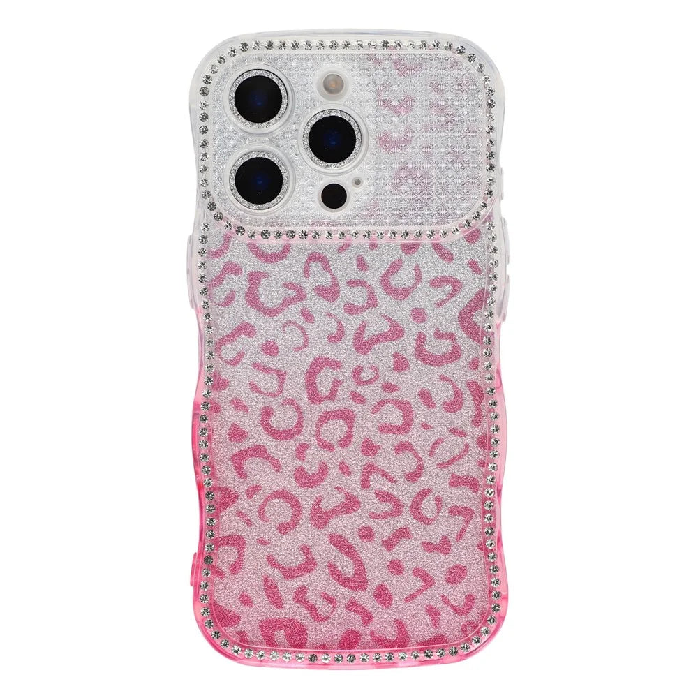 For iPhone 16 Pro Max Case Rhinestone Decor Wave Frame TPU Phone Cover with Leopard Print Glitter Card  /  Lens Film - Gradient Pink - 2