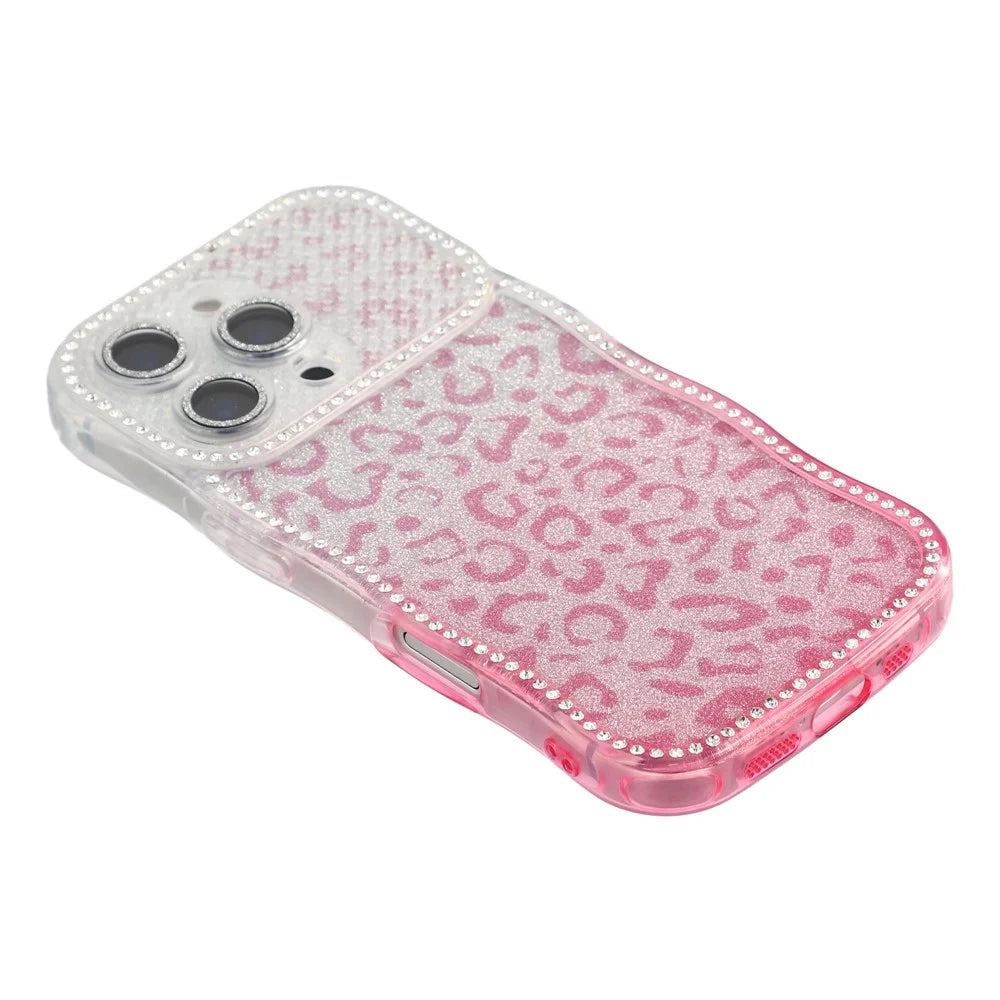 For iPhone 16 Pro Max Case Rhinestone Decor Wave Frame TPU Phone Cover with Leopard Print Glitter Card  /  Lens Film - Gradient Pink - 4
