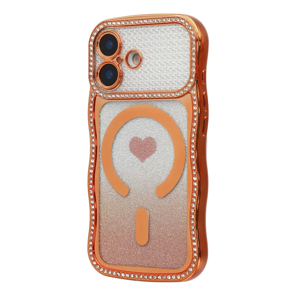 For iPhone 16 Magnetic Case Electroplated Wave Frame Rhinestone Decor TPU PC Phone Cover with Love Glitter Paper - Orange - 2