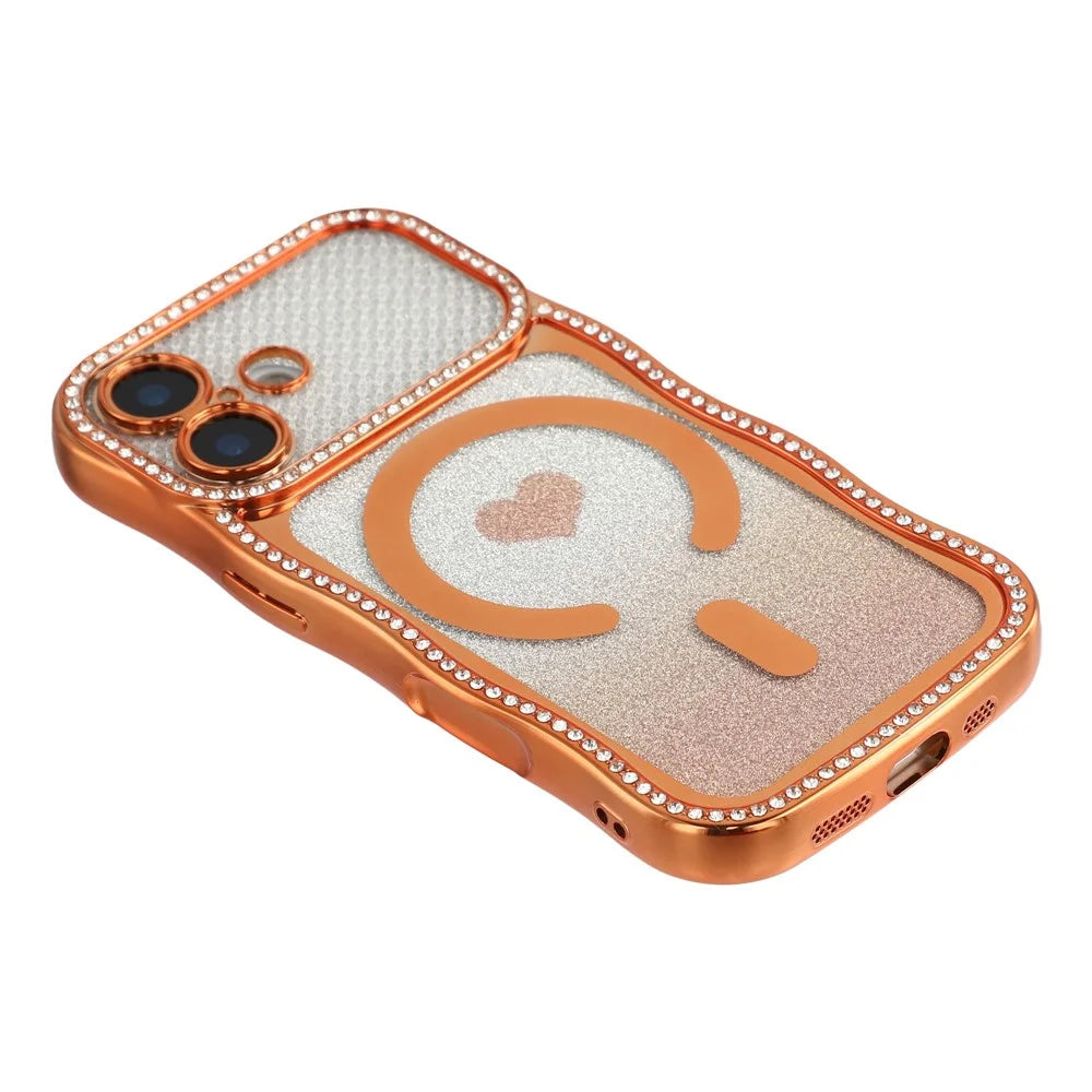 For iPhone 16 Magnetic Case Electroplated Wave Frame Rhinestone Decor TPU PC Phone Cover with Love Glitter Paper - Orange - 4