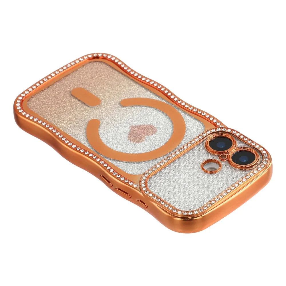 For iPhone 16 Magnetic Case Electroplated Wave Frame Rhinestone Decor TPU PC Phone Cover with Love Glitter Paper - Orange - 5