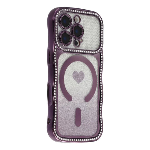 For iPhone 16 Pro Max Magnetic Case Electroplated Wave Frame Rhinestone Decor TPU PC Phone Cover with Love Glitter Paper - Purple - 1