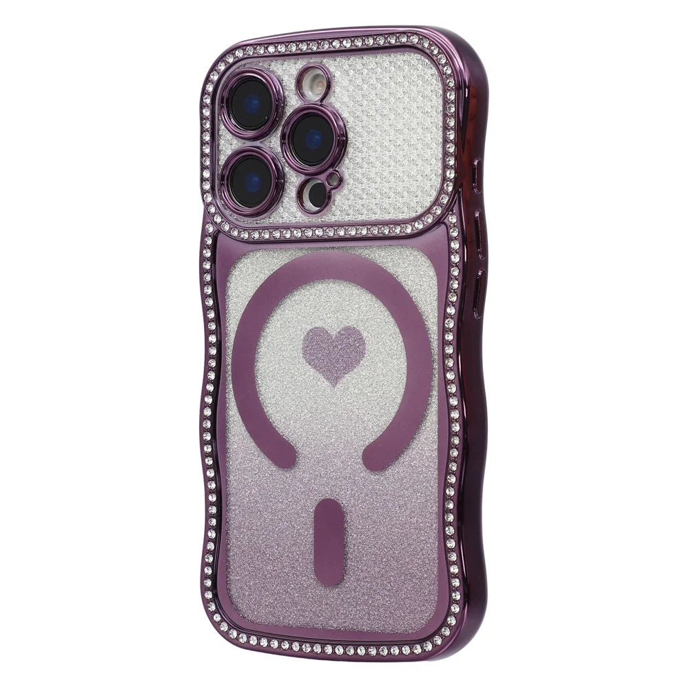 For iPhone 16 Pro Max Magnetic Case Electroplated Wave Frame Rhinestone Decor TPU PC Phone Cover with Love Glitter Paper - Purple - 2