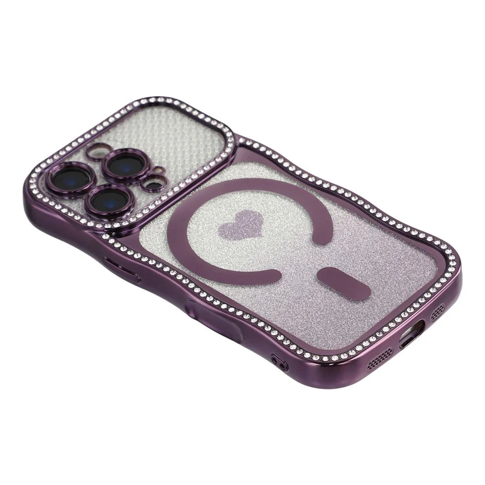 For iPhone 16 Pro Max Magnetic Case Electroplated Wave Frame Rhinestone Decor TPU PC Phone Cover with Love Glitter Paper - Purple - 4