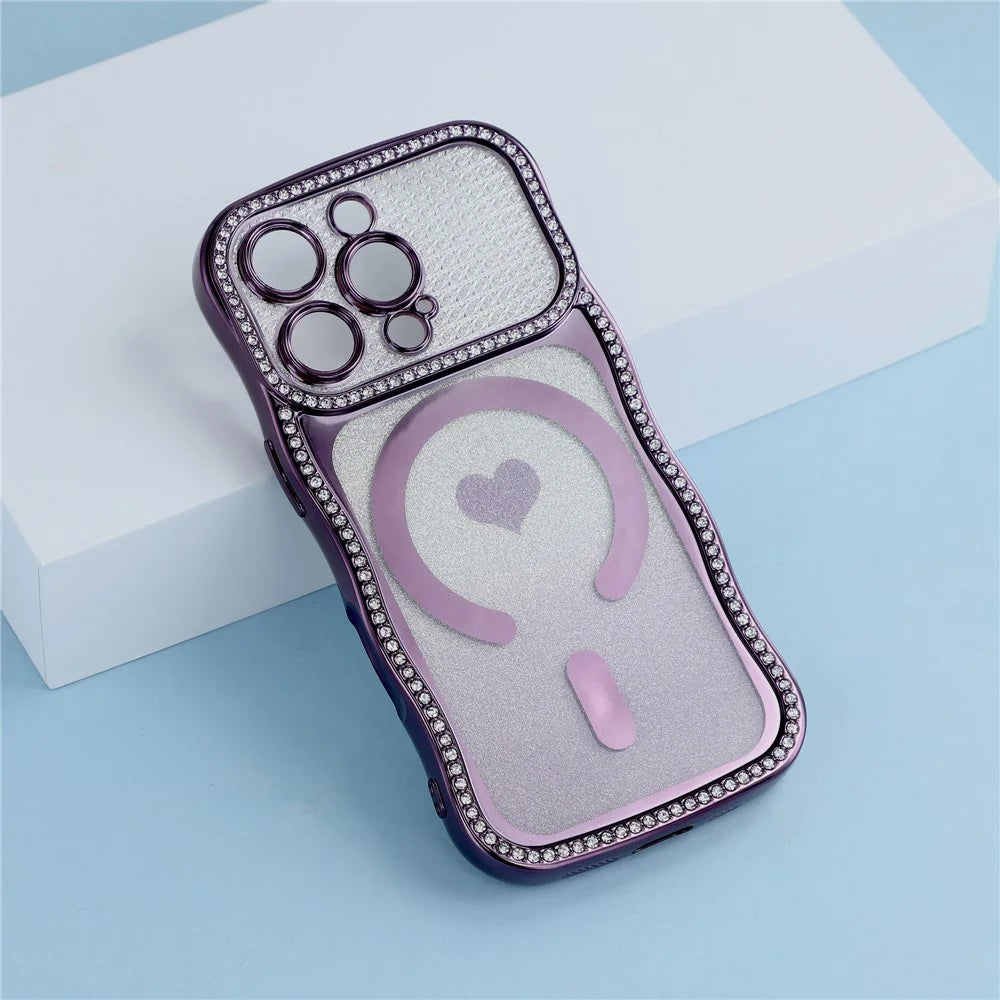 For iPhone 16 Pro Max Magnetic Case Electroplated Wave Frame Rhinestone Decor TPU PC Phone Cover with Love Glitter Paper - Purple - 6