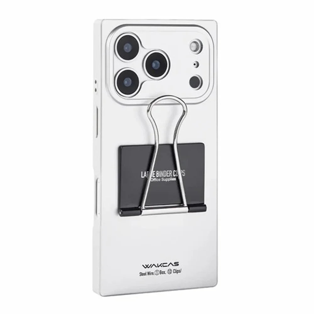 WAKCAS For iPhone 17 Pro Case Metal Binder Clip Kickstand Matte TPU Square Phone Cover - Silver - 1