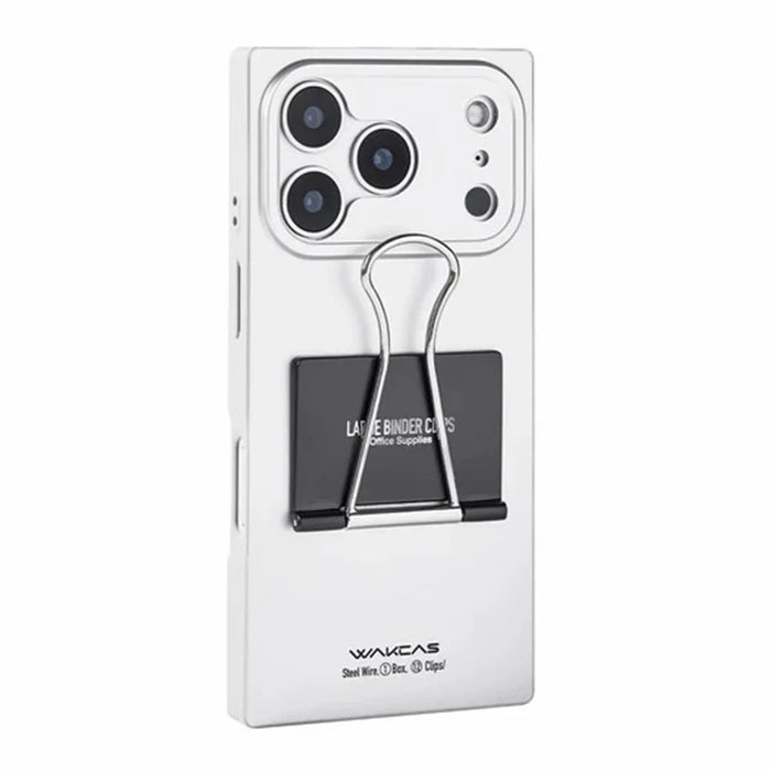 WAKCAS For iPhone 17 Pro Case Metal Binder Clip Kickstand Matte TPU Square Phone Cover - Silver - 1