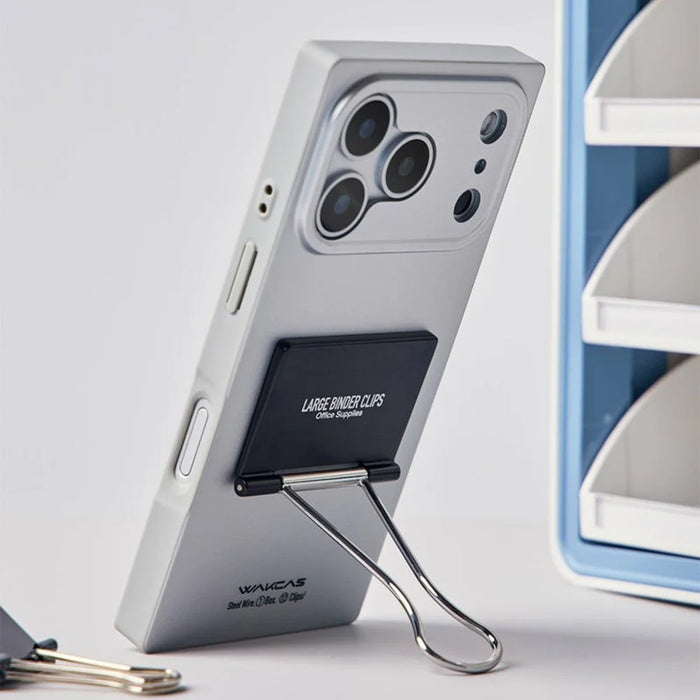 WAKCAS For iPhone 17 Pro Case Metal Binder Clip Kickstand Matte TPU Square Phone Cover - Silver - 4