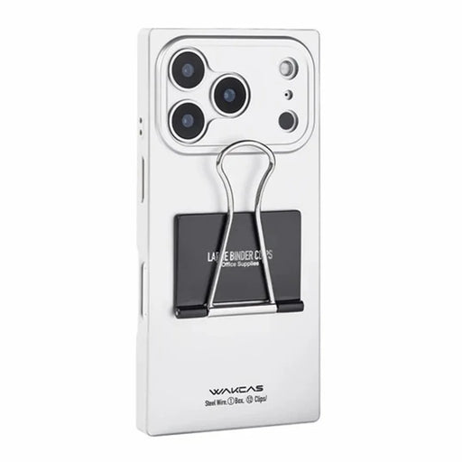 WAKCAS For iPhone 17 Pro Max Case Metal Binder Clip Kickstand Matte TPU Square Phone Cover - Silver - 1