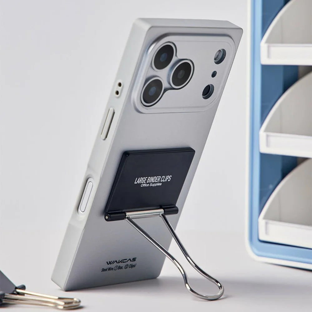 WAKCAS For iPhone 17 Pro Max Case Metal Binder Clip Kickstand Matte TPU Square Phone Cover - Silver - 4