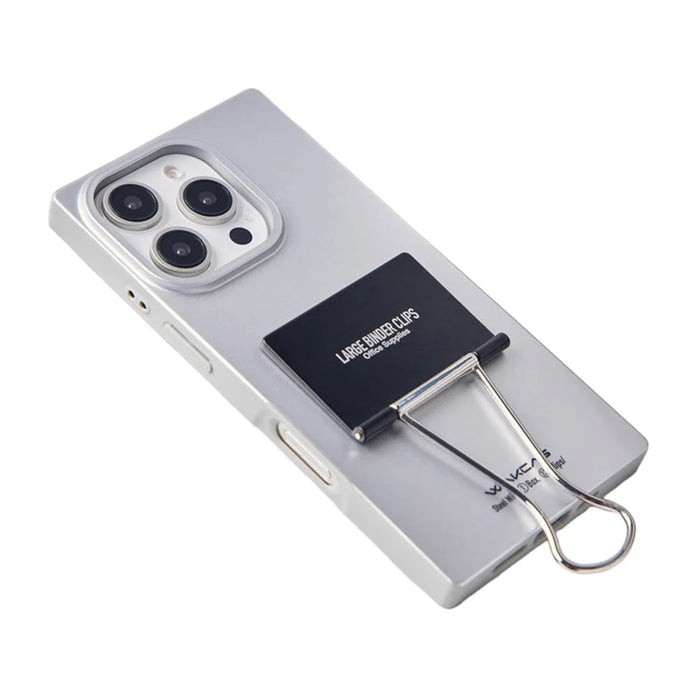 WAKCAS For iPhone 16 Pro Case Metal Binder Clip Kickstand Matte TPU Square Phone Cover - Silver - 1