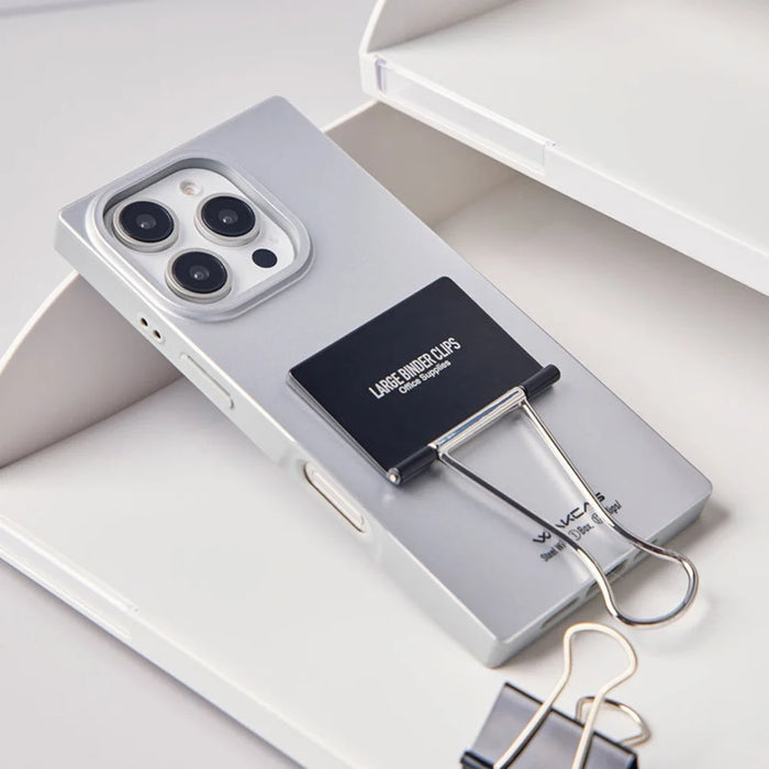 WAKCAS For iPhone 16 Pro Max Case Metal Binder Clip Kickstand Matte TPU Square Phone Cover - Silver - 2