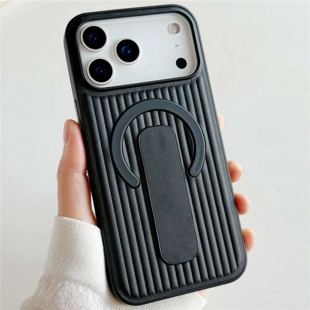 For iPhone 17 Pro Magnetic Case Sliding Foldable Kickstand Corrugated PU Leather + PC Phone Cover Compatible with MagSafe - Black - 1