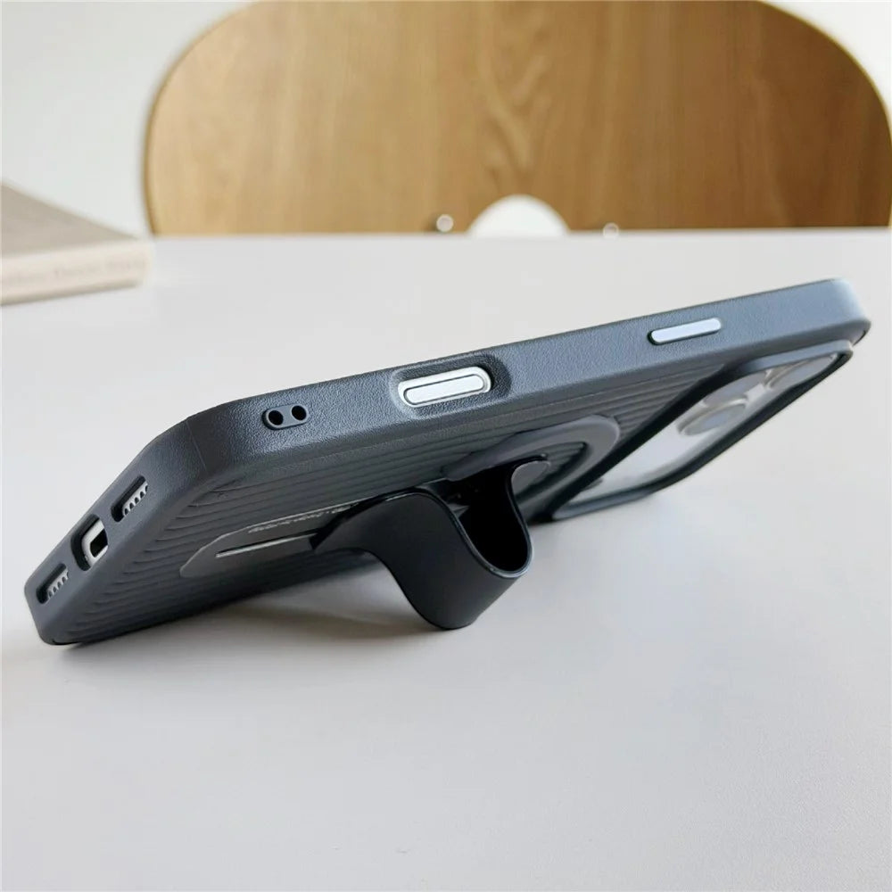 For iPhone 17 Pro Magnetic Case Sliding Foldable Kickstand Corrugated PU Leather + PC Phone Cover Compatible with MagSafe - Black - 2