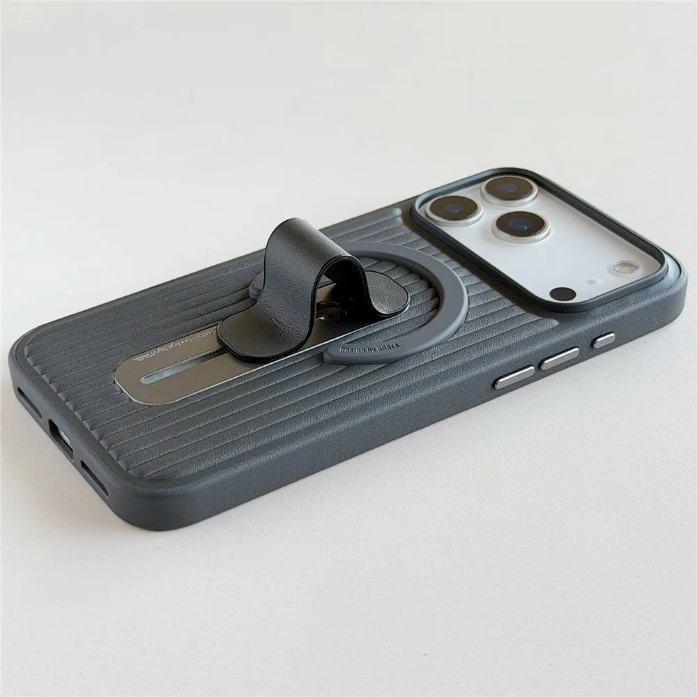 For iPhone 17 Pro Magnetic Case Sliding Foldable Kickstand Corrugated PU Leather + PC Phone Cover Compatible with MagSafe - Black - 3