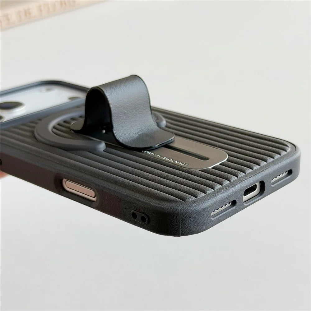 For iPhone 17 Pro Magnetic Case Sliding Foldable Kickstand Corrugated PU Leather + PC Phone Cover Compatible with MagSafe - Black - 4