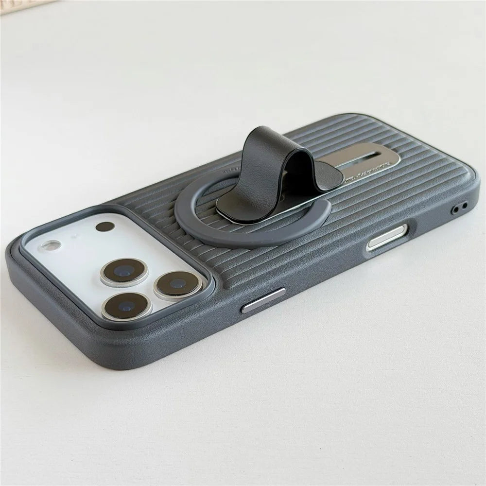 For iPhone 17 Pro Magnetic Case Sliding Foldable Kickstand Corrugated PU Leather + PC Phone Cover Compatible with MagSafe - Black - 5