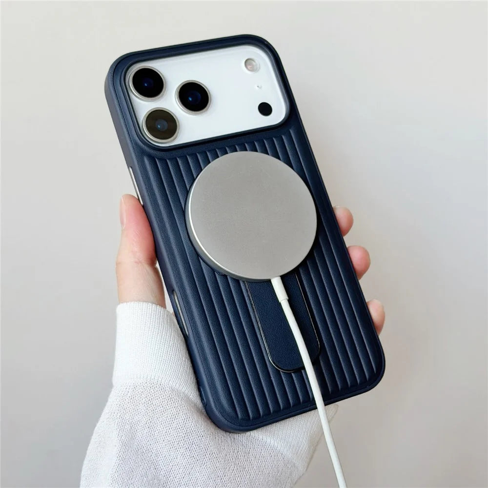 For iPhone 17 Pro Magnetic Case Sliding Foldable Kickstand Corrugated PU Leather + PC Phone Cover Compatible with MagSafe - Black - 6