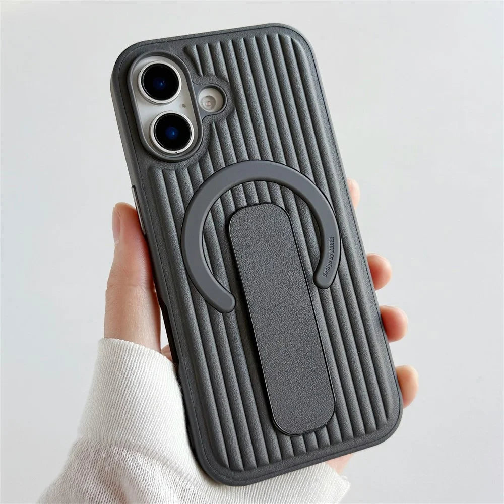 For iPhone 17 Magnetic Case Sliding Foldable Kickstand Corrugated PU Leather + PC Phone Cover Compatible with MagSafe - Grey - 1