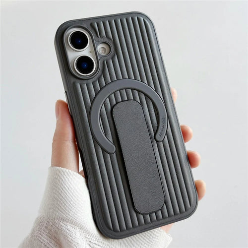 For iPhone 17 Magnetic Case Sliding Foldable Kickstand Corrugated PU Leather + PC Phone Cover Compatible with MagSafe - Grey - 1