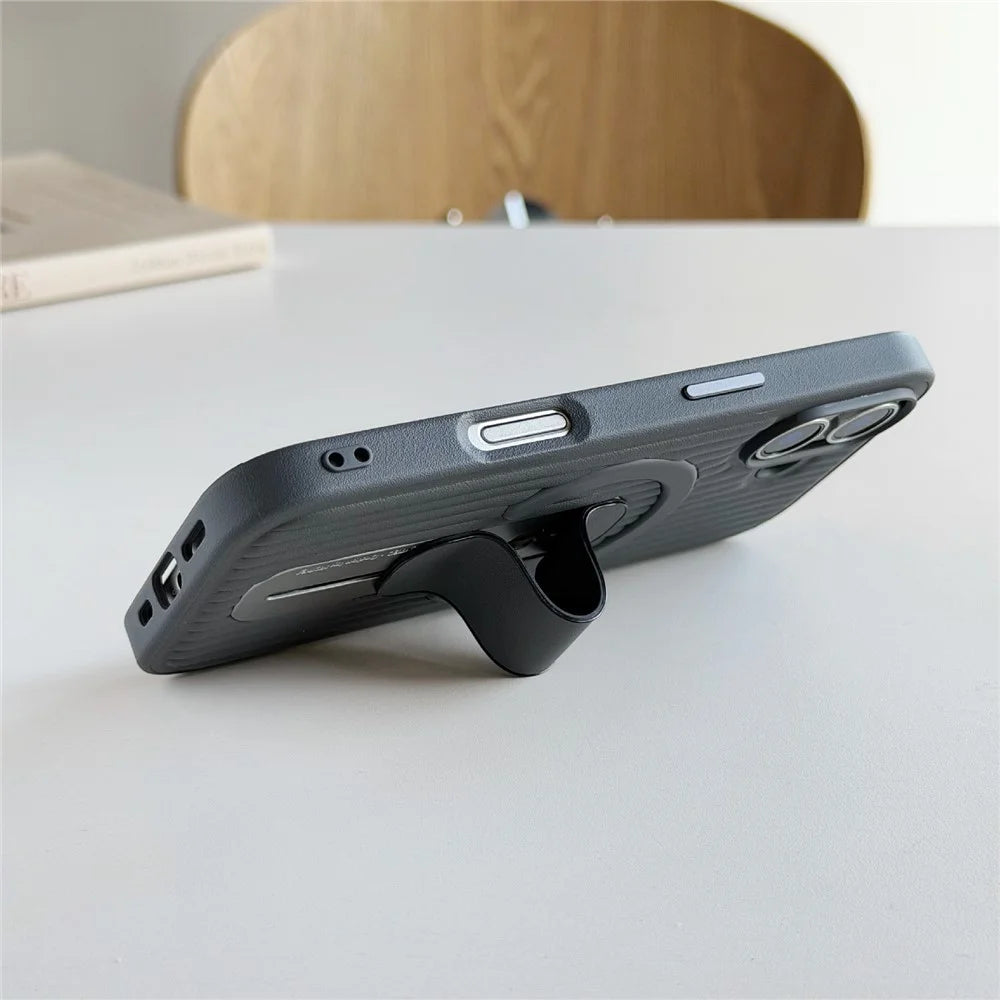 For iPhone 17 Magnetic Case Sliding Foldable Kickstand Corrugated PU Leather + PC Phone Cover Compatible with MagSafe - Grey - 2