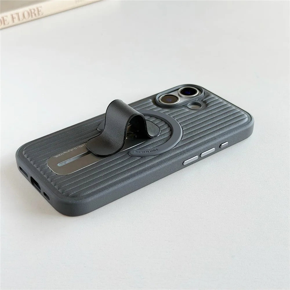 For iPhone 17 Magnetic Case Sliding Foldable Kickstand Corrugated PU Leather + PC Phone Cover Compatible with MagSafe - Grey - 3