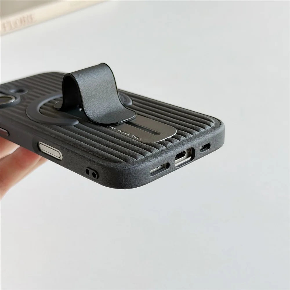 For iPhone 17 Magnetic Case Sliding Foldable Kickstand Corrugated PU Leather + PC Phone Cover Compatible with MagSafe - Grey - 4
