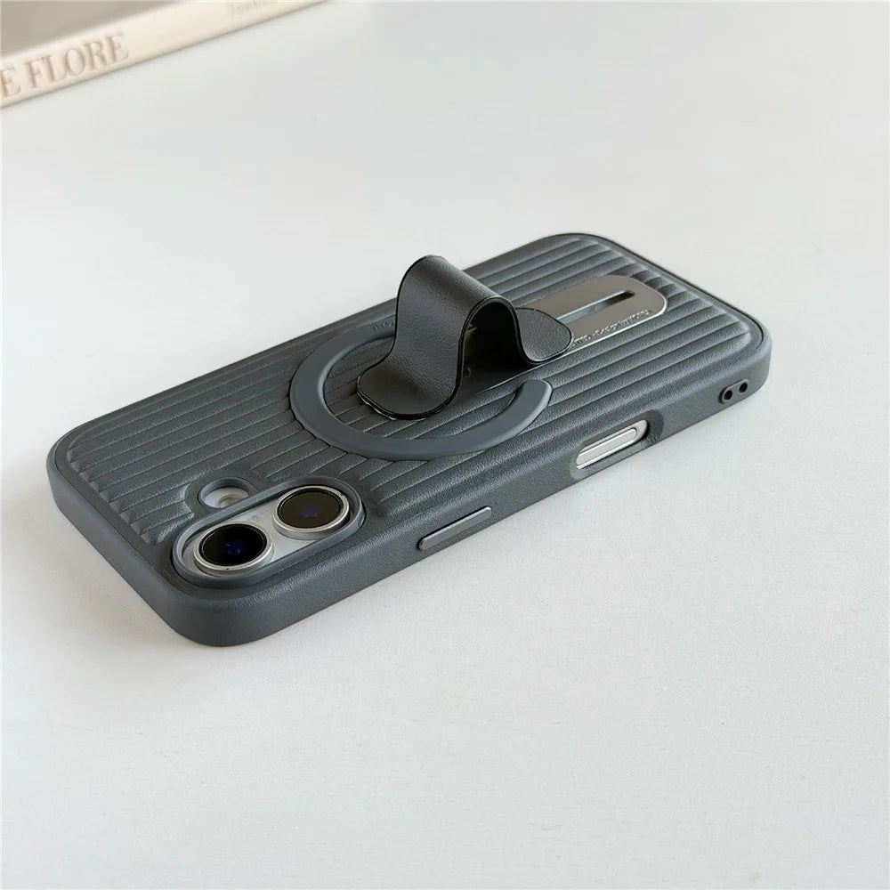For iPhone 17 Magnetic Case Sliding Foldable Kickstand Corrugated PU Leather + PC Phone Cover Compatible with MagSafe - Grey - 5