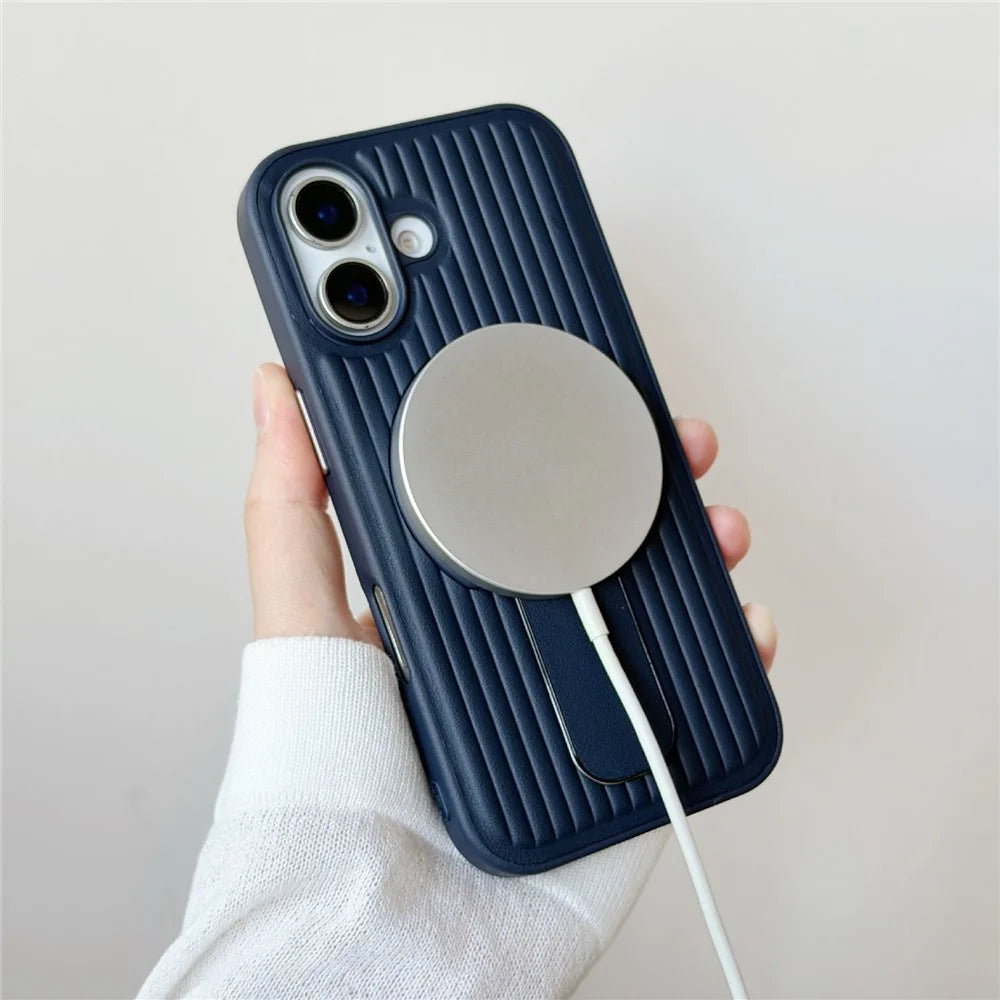 For iPhone 17 Magnetic Case Sliding Foldable Kickstand Corrugated PU Leather + PC Phone Cover Compatible with MagSafe - Grey - 6