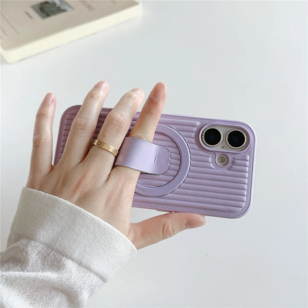 For iPhone 17 Magnetic Case Sliding Foldable Kickstand Corrugated PU Leather + PC Phone Cover Compatible with MagSafe - Grey - 7