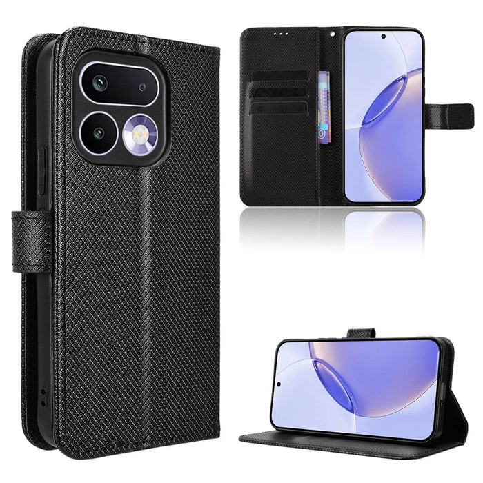 For Realme 16 Pro 5G Leather Wallet Case with Strap Diamond Texture Phone Cover - Black - 1