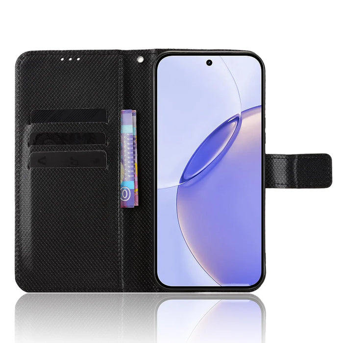 For Realme 16 Pro 5G Leather Wallet Case with Strap Diamond Texture Phone Cover - Black - 6