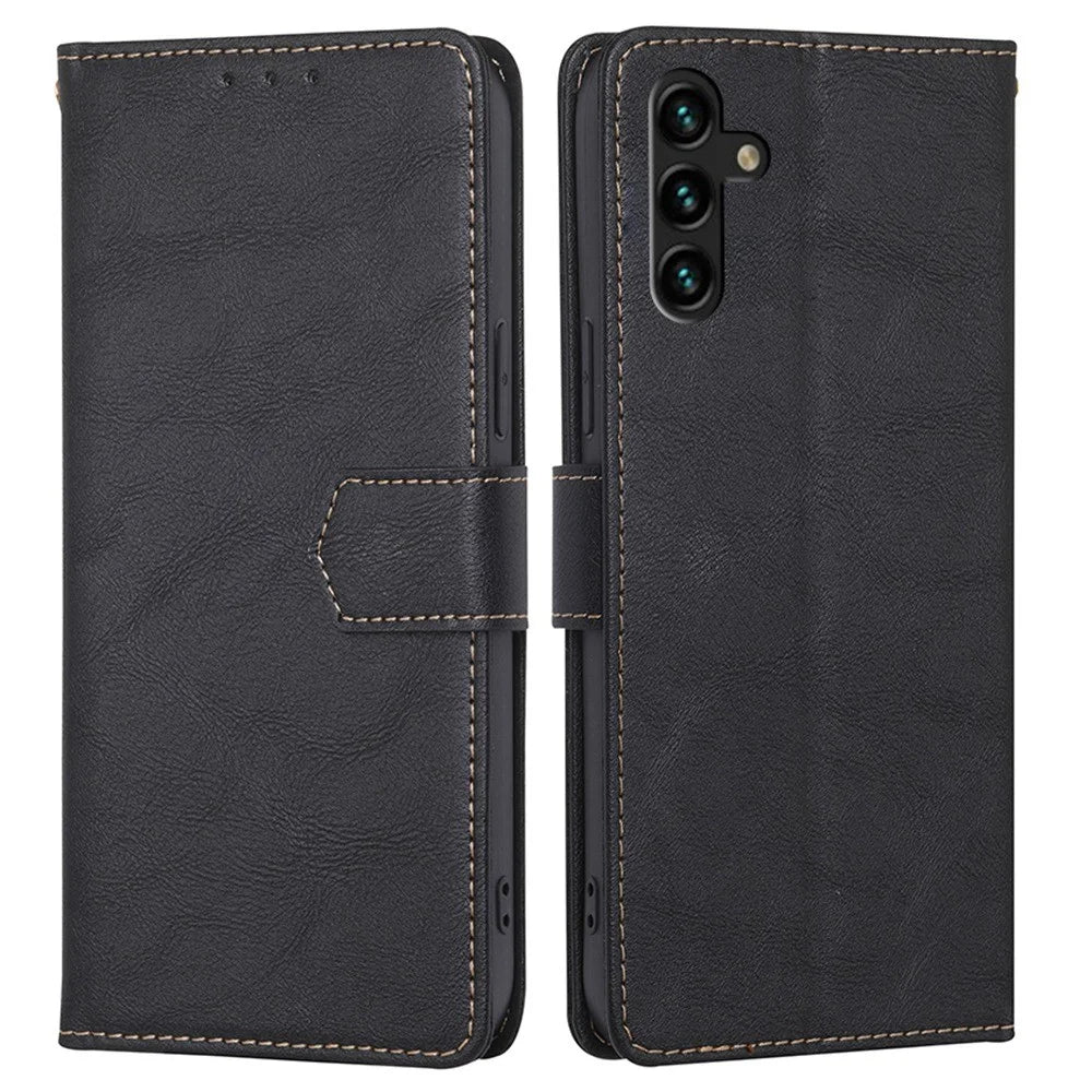 For Samsung Galaxy A04s 4G (164.7mm) Cowhide Texture PU Leather Phone Stand Wallet Case RFID Blocking Magnetic Clasp Well-protected Cover - Black - 1