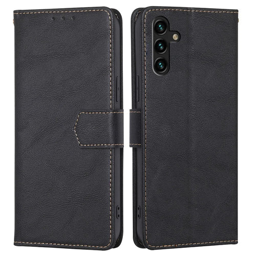 For Samsung Galaxy A04s 4G (164.7mm) Cowhide Texture PU Leather Phone Stand Wallet Case RFID Blocking Magnetic Clasp Well-protected Cover - Black - 1