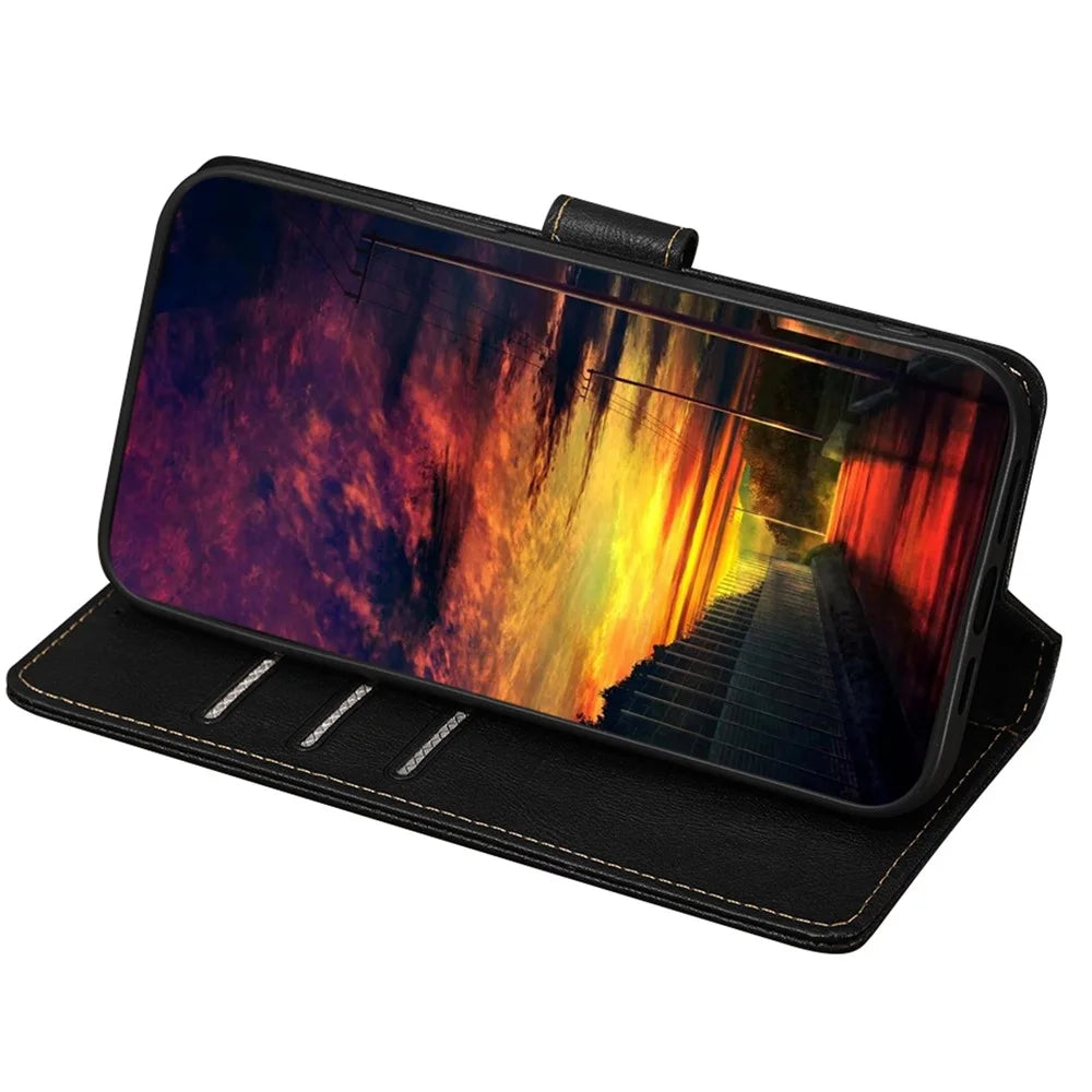 For Samsung Galaxy A04s 4G (164.7mm) Cowhide Texture PU Leather Phone Stand Wallet Case RFID Blocking Magnetic Clasp Well-protected Cover - Black - 2