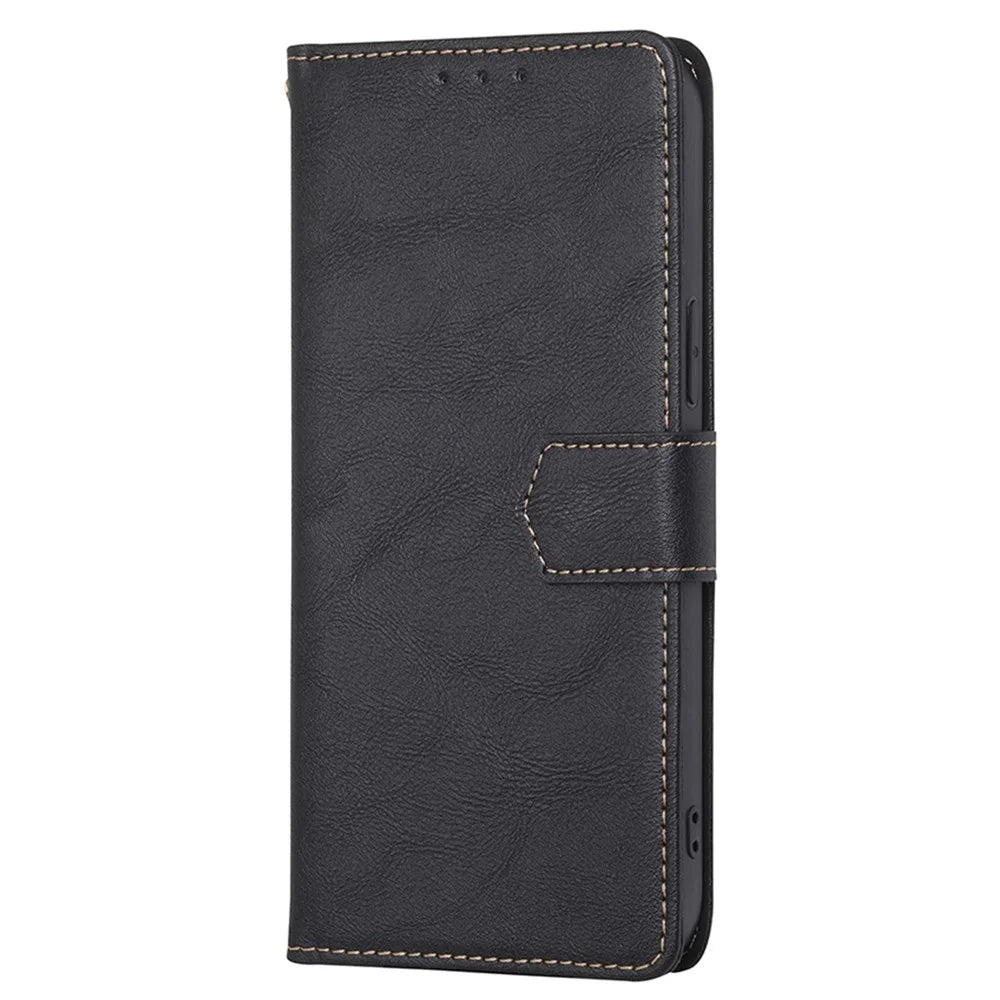 For Samsung Galaxy A04s 4G (164.7mm) Cowhide Texture PU Leather Phone Stand Wallet Case RFID Blocking Magnetic Clasp Well-protected Cover - Black - 6